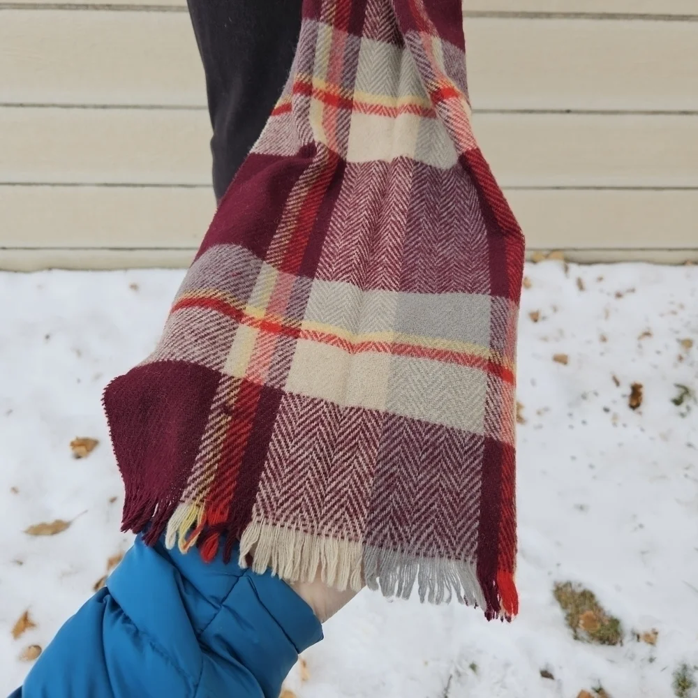 vintage Cisco 100% zephyr wool plaid scarf tan red maroon